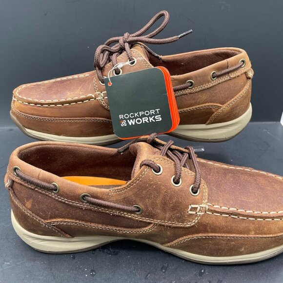 Rockport Works Mens Brown Leather Sailing Club 3 Eye Steel Toe Boat Shoe 9M - Picture 1 of 15
